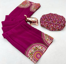 Load image into Gallery viewer, Graceful Festive Wear Pure Satin Silk Ajrak Printed Rich Pallu Work Fancy Saree With Blissful Blouse Piece