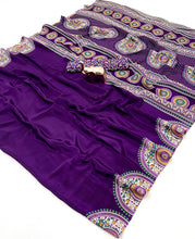 Load image into Gallery viewer, Graceful Festive Wear Pure Satin Silk Ajrak Printed Rich Pallu Work Fancy Saree With Blissful Blouse Piece