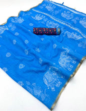 Load image into Gallery viewer, Traditional Festive Wear Soft Cotton Kalamkari Print With Zari Border Fancy Saree With Blissful Blouse Piece