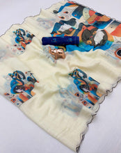 Load image into Gallery viewer, Glorious Festive Wear Linen Cotton Digital Print n Mirror Work Designer Saree With Blouse Piece