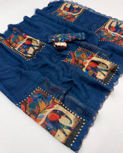 Load image into Gallery viewer, Glorious Festive Wear Linen Cotton Digital Print n Mirror Work Designer Saree With Blouse Piece