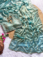 Load image into Gallery viewer, Blossom Wedding Wear Satin Silk Embroidery Sequence n Aarco Work Border Designer Saree With Stitched Blouse