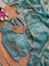 Load image into Gallery viewer, Blossom Wedding Wear Satin Silk Embroidery Sequence n Aarco Work Border Designer Saree With Stitched Blouse