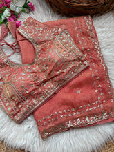Load image into Gallery viewer, Blossom Wedding Wear Satin Silk Embroidery Sequence n Aarco Work Border Designer Saree With Stitched Blouse