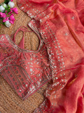 Load image into Gallery viewer, Blossom Wedding Wear Satin Silk Embroidery Sequence n Aarco Work Border Designer Saree With Stitched Blouse