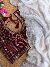 Load image into Gallery viewer, Blossom Wedding Wear Satin Silk Embroidery Sequence n Aarco Work Border Designer Saree With Stitched Blouse