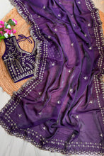 Load image into Gallery viewer, Blossom Wedding Wear Satin Silk Embroidery Sequence n Aarco Work Border Designer Saree With Stitched Blouse