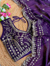 Load image into Gallery viewer, Blossom Wedding Wear Satin Silk Embroidery Sequence n Aarco Work Border Designer Saree With Stitched Blouse