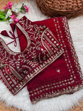 Load image into Gallery viewer, Blossom Wedding Wear Satin Silk Embroidery Sequence n Aarco Work Border Designer Saree With Stitched Blouse