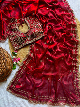 Load image into Gallery viewer, Blossom Wedding Wear Satin Silk Embroidery Sequence n Aarco Work Border Designer Saree With Stitched Blouse