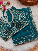 Load image into Gallery viewer, Blossom Wedding Wear Satin Silk Embroidery Sequence n Aarco Work Border Designer Saree With Stitched Blouse