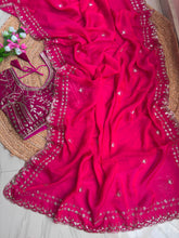 Load image into Gallery viewer, Blossom Wedding Wear Satin Silk Embroidery Sequence n Aarco Work Border Designer Saree With Stitched Blouse