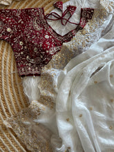 Load image into Gallery viewer, Dazzling Wedding Wear Satin Silk Embroidery Sequence n Aarco Work Designer Saree With Stitched Blouse