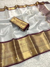 Load image into Gallery viewer, Luxuriant Wedding Wear Silver Colour Banarasi Tissue Silk Handstone Work Stunning Pallu n Jacquard Border Saree