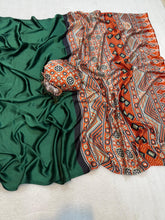 Load image into Gallery viewer, Regal Party Wear Pure Satin Silk Ajrak Printed Rich Pallu Fancy Saree With Blissful Blouse Piece