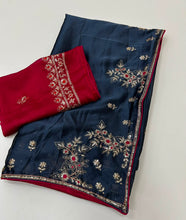Load image into Gallery viewer, Adorning Party Wear Rangoli Silk Heavy Embroidery n Sequence Multi Thread Work Designer Saree With Contrast Blouse Piece
