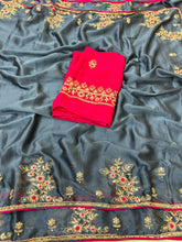 Load image into Gallery viewer, Adorning Party Wear Rangoli Silk Heavy Embroidery n Sequence Multi Thread Work Designer Saree With Contrast Blouse Piece