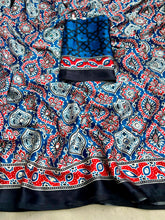 Load image into Gallery viewer, Incredible Function Wear Soft Satin Silk Ajrak Printed Rich Pallu n Original Mirror Work Designer Saree With Blouse Piece
