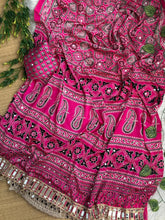 Load image into Gallery viewer, Exuberant Festive Wear Pure Satin Silk Ajrak Printed Rich Pallu n Mirror Work Fancy Saree With Blouse Piece