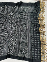Load image into Gallery viewer, Adorning Party Wear Pure Chinnon Silk Ajrak Printed Rich Pallu n Mirror Work Designer Saree With Blouse Piece