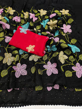 Load image into Gallery viewer, Delightful Festive Wear Viscose Crunchy Silk Embroidery Thread n Siroski Work Fancy Saree With Contrast Blouse Piece