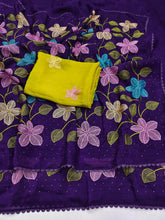 Load image into Gallery viewer, Delightful Festive Wear Viscose Crunchy Silk Embroidery Thread n Siroski Work Fancy Saree With Contrast Blouse Piece