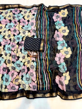 Load image into Gallery viewer, Exuberant Party Wear Soft Silk Floral Print Jacquard Border Rich Pallu Fancy Saree With Contrast Blouse Piece
