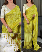 Load image into Gallery viewer, Delightful Party Wear Linen Cotton Bandhani Print Embroidered Work Designer Saree With Unstitched Blouse Piece