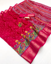 Load image into Gallery viewer, Divine Festive Wear Pure Soft Silk Kalamkari Print n Aari Mirror Work Rich Pallu Fancy Saree With Blouse Piece