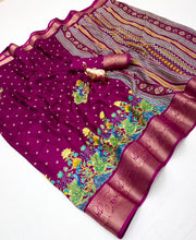 Load image into Gallery viewer, Divine Festive Wear Pure Soft Silk Kalamkari Print n Aari Mirror Work Rich Pallu Fancy Saree With Blouse Piece