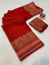 Load image into Gallery viewer, Charming Party Wear Pure Soft Tussar Silk Kashmiri Printed n Rich Pallu Border Fancy Saree With Blouse Piece