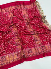 Load image into Gallery viewer, Desiring Function Wear Pure Satin Silk Ajrak Printed Rich Pallu n Original Mirror Work Designer Saree With Blouse Piece