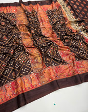 Load image into Gallery viewer, Desiring Function Wear Pure Satin Silk Ajrak Printed Rich Pallu n Original Mirror Work Designer Saree With Blouse Piece