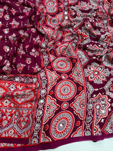 Load image into Gallery viewer, Impressive Party Wear Pure Satin Silk Ajrak Printed Rich Pallu n Mirror Work Fancy Saree With Blouse Piece
