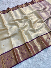 Load image into Gallery viewer, Gratifying Function Wear Light Cream Banarasi Tissue Silk Handstone Work Stunning Pallu n Jacquard Border Saree For Wedding