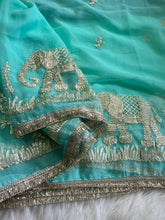 Load image into Gallery viewer, Exuberant Festive Wear Chiffon Silk Embroidery Tussels Work Designer Saree With Blouse Piece