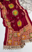 Load image into Gallery viewer, Incomparable Festive Wear Pure Satin Silk Ajrak Printed Rich Pallu n Mirror Work Designer Saree With Blouse Piece