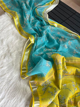 Load image into Gallery viewer, Traditional Function Wear Linen Cotton Print n Zari Border Fancy Saree With Blouse Piece