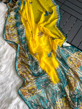 Load image into Gallery viewer, Unequalled Wedding Wear Pure Georgette Kalamkari Print n Mirror Work Designer Saree With Bucolic Blouse Piece