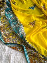 Load image into Gallery viewer, Unequalled Wedding Wear Pure Georgette Kalamkari Print n Mirror Work Designer Saree With Bucolic Blouse Piece