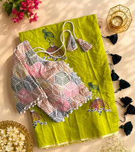 Load image into Gallery viewer, New Function Wear Chanderi Cotton Embroidery n Tussels Work Fancy Designer Saree With Stitched Blouse