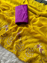 Load image into Gallery viewer, Splendorous Party Wear Crunchy Chiffon Silk Embroidery n Scalloped Cut Work Border Designer Saree With Blissfull Blouse Piece
