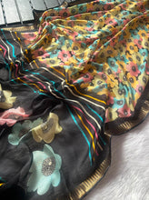 Load image into Gallery viewer, Exuberant Party Wear Soft Silk Floral Print Jacquard Border Rich Pallu Fancy Saree With Contrast Blouse Piece