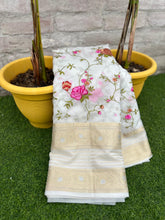 Load image into Gallery viewer, New Partywear White Color Soft Organza Silk Embroidred n Jacquared Weaving Work Fancy Designer Saree Design