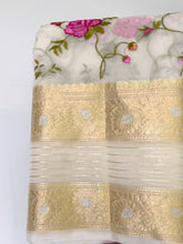 Load image into Gallery viewer, New Partywear White Color Soft Organza Silk Embroidred n Jacquared Weaving Work Fancy Designer Saree Design