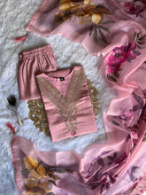 Load image into Gallery viewer, New Festive Wear Peach Color Roman Silk Embroidery n Sequence Work Designer Straight Kurta With Trouser n Dupatta Set