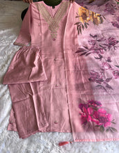 Load image into Gallery viewer, New Festive Wear Peach Color Roman Silk Embroidery n Sequence Work Designer Straight Kurta With Trouser n Dupatta Set