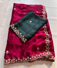 Load image into Gallery viewer, New Partywear Satin Chiffon Embroidery n Diamond Work Fancy Designer Saree With Blouse
