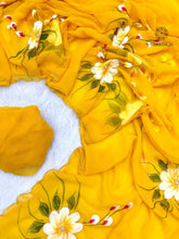 Load image into Gallery viewer, New Wedding Wear Yellow Color Soft Chiffon Handbrush Print n Handwork Fancy Designer Saree With Blouse