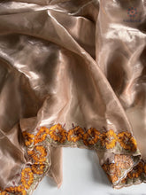 Load image into Gallery viewer, Eloquence Golden Color Pure Satin Chiffon Thread Embroidered Work Designer Saree With Fancifull Blouse Piece